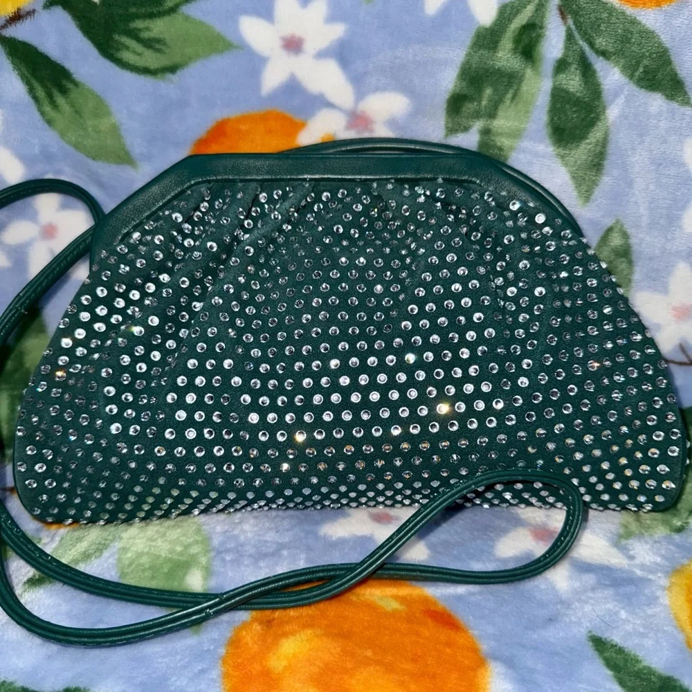 Dark Green Vince Camuto Genuine Leather Rhinestone Studded Crossbody Bag NWT - Picture 6 of 17